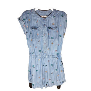 Consgt Youth XL Denim Romper with Floral Embroidery Short Sleeve Chambray Button